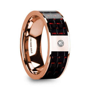 KLEMENIS Men’s 14k Rose Gold Flat Wedding Ring with Red & Black Carbon Fiber Inlay & Diamond - 8mm - Thorsten Rings