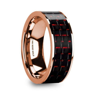 KRISTOS Men’s 14k Rose Gold Flat Wedding Band with Black & Red Carbon Fiber - 8mm - Thorsten Rings