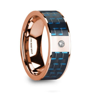 KYROS Polished 14k Rose Gold Diamond Wedding Ring with Blue & Black Carbon Fiber Inlay - 8mm - Thorsten Rings