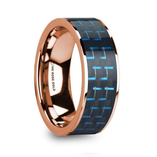 LUCIAN Polished 14k Rose Gold & Black/Blue Carbon Fiber Inlaid Flat Wedding Ring - 8mm - Thorsten Rings