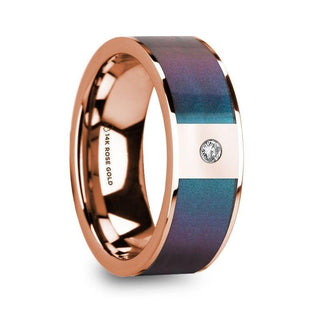 LUKAS 14K Polished Rose Gold Wedding Ring with Blue & Purple Color Changing Inlay & Diamond - 8mm - Thorsten Rings