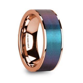 LOUKAS Blue & Purple Color Changing Inlaid Polished 14k Rose Gold Men’s Wedding Ring - 8mm - Thorsten Rings