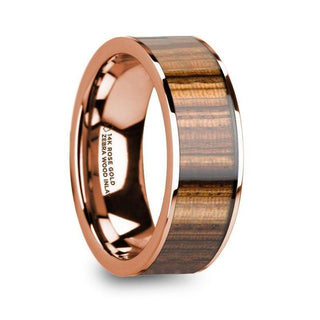 MAHAIL Men’s Polished 14k Rose Gold & Zebra Wood Inlay Flat Wedding Ring - 8mm - Thorsten Rings