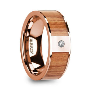 MARINOS Polished 14k Rose Gold Men’s Wedding Band with Red Oak Wood Inlay & Diamond Accent - 8mm - Thorsten Rings