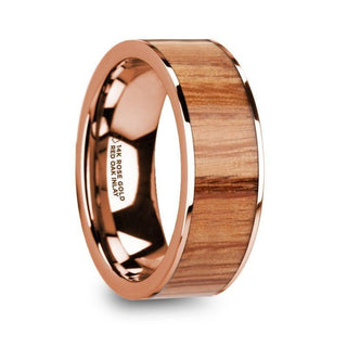 MILOS Polished Flat 14k Rose Gold Men’s Wedding Ring with Red Oak Wood Inlay - 8mm - Thorsten Rings