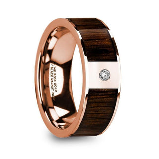 MITROS Men’s Polished 14k Rose Gold & Black Walnut Inlay Wedding Ring with Diamond - 8mm - Thorsten Rings