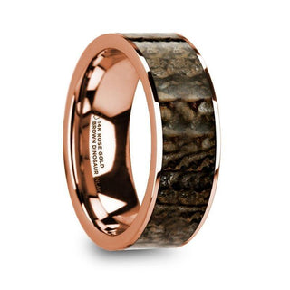 ORESTE Polished 14k Rose Gold Men’s Flat Wedding Ring with Brown Dinosaur Bone Inlay - 8mm - Thorsten Rings