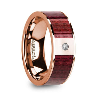 ORESTES Men’s Polished 14k Rose Gold Wedding Band with Purpleheart Wood Inlay & Diamond - 8mm - Thorsten Rings