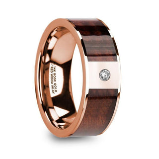 PETROS Red Wood Inlaid Polished 14k Rose Gold Men’s Wedding Ring with Diamond Center - 8mm - Thorsten Rings