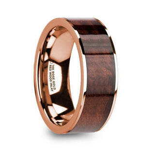 ROUVIN Polished 14k Rose Gold Men’s Wedding Band with Red Wood Inlay - 8mm - Thorsten Rings