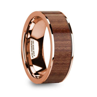 TITOS 14k Rose Gold Men’s Wedding Band with Rosewood Inlay & Polished Finish - 8mm - Thorsten Rings