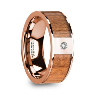 ZENON Men’s Polished 14k Rose Gold Wedding Band with Cherry Wood Inlay & Diamond Center - 8mm - Thorsten Rings