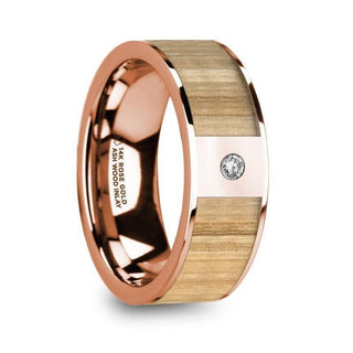 ZACHAIOS Men’s Polished Rose Gold Flat Wedding Band with Ash Wood Inlay & Diamond - 8mm - Thorsten Rings