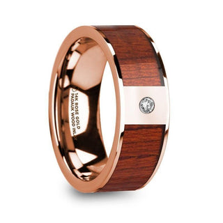 NIKANDROS Men’s 14k Rose Gold Polished Wedding Ring with Padauk Wood Inlay & Diamond - 8mm - Thorsten Rings