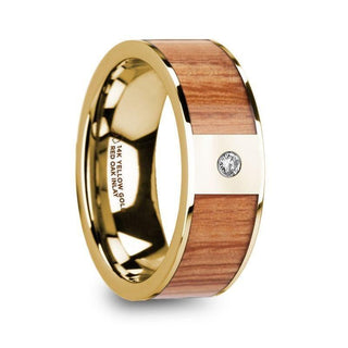 ONESIMOS Men’s Polished 14k Yellow Gold & Red Oak Wood Inlaid Wedding Ring with Diamond - 8mm - Thorsten Rings