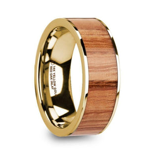 PANTHER Polished 14k Yellow Gold Men’s Wedding Ring with Red Oak Wood Inlay - 8mm - Thorsten Rings