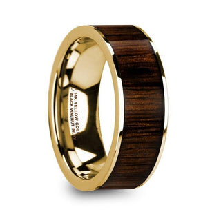 PELAGIA Men’s Polished 14k Yellow Gold with Black Walnut Inlay Wedding Ring - 8mm - Thorsten Rings