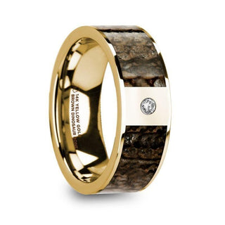 PHILANDROS Polished 14k Yellow Gold with Brown Dinosaur Bone Inlay Men’s Wedding Band with Diamond - 8mm - Thorsten Rings