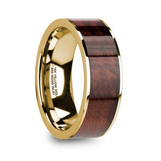 PHOIBOS Men’s 14k Yellow Gold Flat Wedding Ring with Red Wood Inlay - 8mm - Thorsten Rings