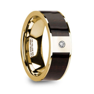 SERGIOS Men’s 14k Yellow Gold with Ebony Wood Inlay Flat Wedding Ring with Diamond Center - 8mm - Thorsten Rings