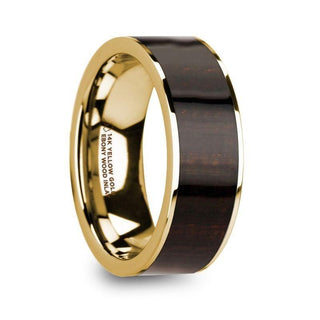 SYMEON Men’s Polished 14k Yellow Gold Flat Wedding Ring with Ebony Wood Inlay - 8mm - Thorsten Rings