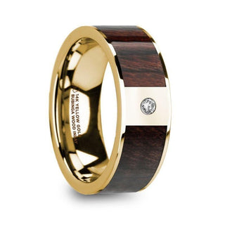 TARAS Bubinga Wood Inlaid 14k Yellow Gold Men’s Ring with Diamond Center & Polished Finish - 8mm - Thorsten Rings