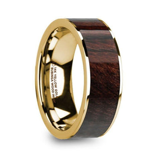 SOLON 14k Yellow Gold & Bubinga Wood Inlaid Men’s Flat Wedding Ring with Polished Finish - 8mm - Thorsten Rings