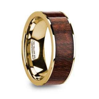 SOPHUS Men’s 14k Yellow Gold Polished Flat Wedding Ring with Carpathian Wood Inlay - 8mm - Thorsten Rings