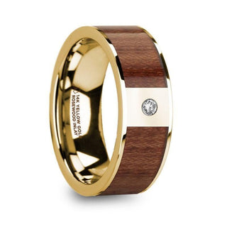 STEPHANOS Men’s Polished 14k Yellow Gold & Rosewood Inlay Flat Wedding Ring with Diamond - 8mm - Thorsten Rings