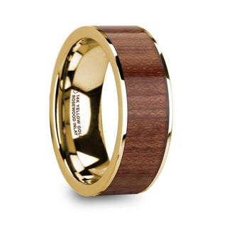 TELAMON Polished 14k Yellow Gold Men’s Flat Wedding Ring with Rosewood Inlay - 8mm - Thorsten Rings