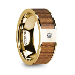 THEODOROS Polished 14k Yellow Gold Men’s Wedding Band with Teak Wood Inlay & Diamond - 8mm - Thorsten Rings