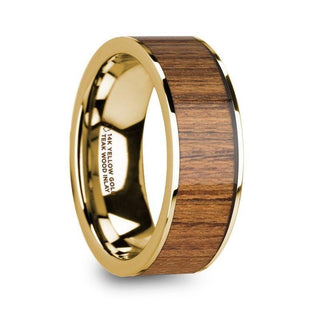 TERIS Men’s Polished 14k Yellow Gold Wedding Ring with Teak Wood Inlay - 8mm - Thorsten Rings