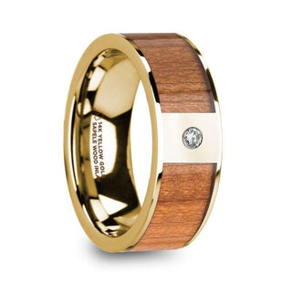 SPYROS Men’s Sapele Wood Inlaid 14k Yellow Gold Polished Wedding Ring with Diamond Center - 8mm - Thorsten Rings