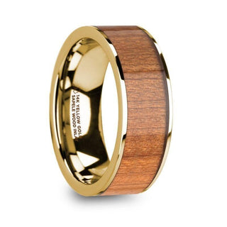 SPIRO Men’s Polished 14k Yellow Gold Flat Wedding Ring with Sapele Wood Inlay - 8mm - Thorsten Rings