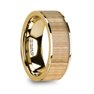 TOBIAS Polished 14k Yellow Gold Men’s Flat Wedding Band with Ash Wood Inlay - 8mm - Thorsten Rings