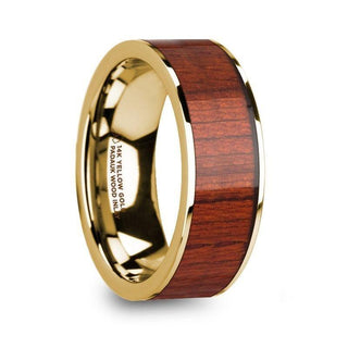 USIRIS Padauk Wood Inlaid 14k Yellow Gold Flat Wedding Ring with Polished Finish - 8mm - Thorsten Rings