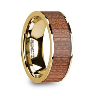 VASILIOS Cherry Wood Inlaid Polished 14k Yellow Gold Men’s Flat Wedding Ring - 8mm - Thorsten Rings