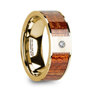 XANTHOS Men’s Mahogany Wood Inlaid Polished 14k Yellow Gold Wedding Band with Diamond - 8mm - Thorsten Rings