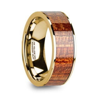 YANNI Polished 14k Yellow Gold Men’s Flat Wedding Band with Mahogany Wood Inlay - 8mm - Thorsten Rings