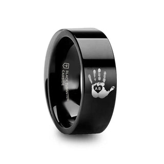 Handprint Initials Engraved Flat Pipe Cut Black Tungsten Ring Polished - 4mm - 12mm - Thorsten Rings