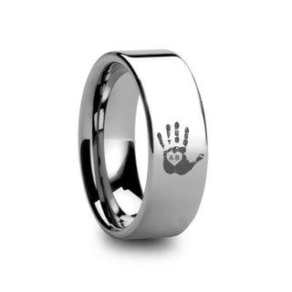 Handprint Initials Engraved Flat Pipe Cut Tungsten Ring Polished - 4mm - 12mm - Thorsten Rings