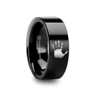 Handprint Engraved Flat Pipe Cut Black Tungsten Ring Polished - 4mm - 12mm - Thorsten Rings