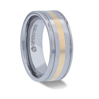 LAZIO 14k Gold Inlay with Grooved Edges Tungsten Polished Wedding Band - 8mm - Thorsten Rings