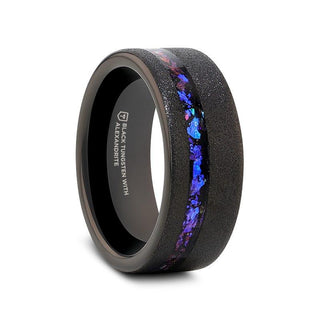 MIRAGE Sandblasted Black Tungsten Ring with Crushed Alexandrite and Dark Blue & Purple Crushed Goldstone - 8mm - Thorsten Rings