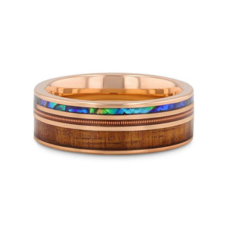 MOANA Smoked Rose Gold Tungsten Ring with Hawaiian Koa Wood Abalone & Guitar String - 8mm - Thorsten Rings