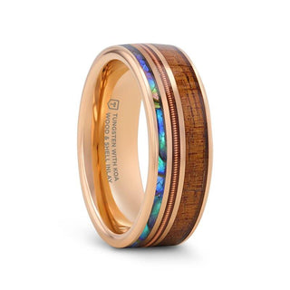MOANA Smoked Rose Gold Tungsten Ring with Hawaiian Koa Wood Abalone & Guitar String - 8mm - Thorsten Rings