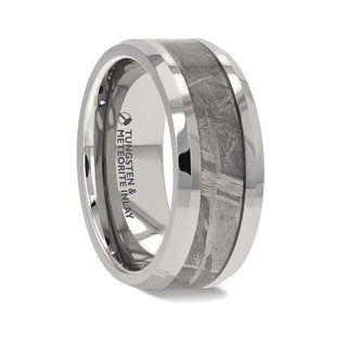 CELESTIAL Flat Tungsten Carbide Ring with Beveled Edges and Meteorite Inlay Thorsten - 8mm - Thorsten Rings