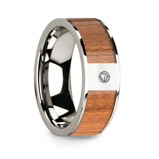 Sapele Wood Inlaid Polished 14k White Gold Men’s Wedding Ring with Diamond Center - 8mm - Thorsten Rings