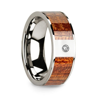 Men’s Polished 14k White Gold Wedding Band with Mahogany Wood Inlay & Diamond - 8mm - Thorsten Rings