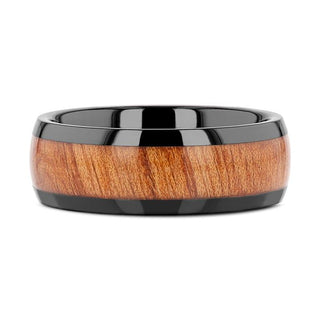 ODYSSEY Black Ceramic Wedding Band with Domed Polished Finish and Carpathian Elm Wood Inlay - 8mm - Thorsten Rings